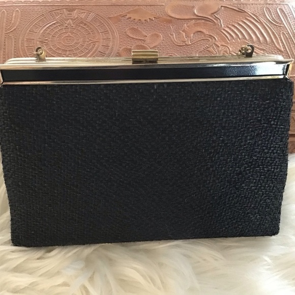 Vintage Andé evening bag/ clutch with gold trim and clasp, patent leather handle